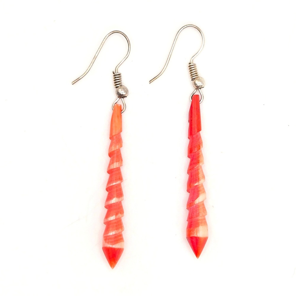 Handmade Red Orange Carved Shell Spiral Cone Drop Earrings Silver Tone Hooks - Picture 6 of 7